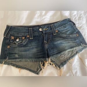 TRUE RELIGION Joey Cut Off Shorts Womens Size 27 Blue Button Flap Pockets